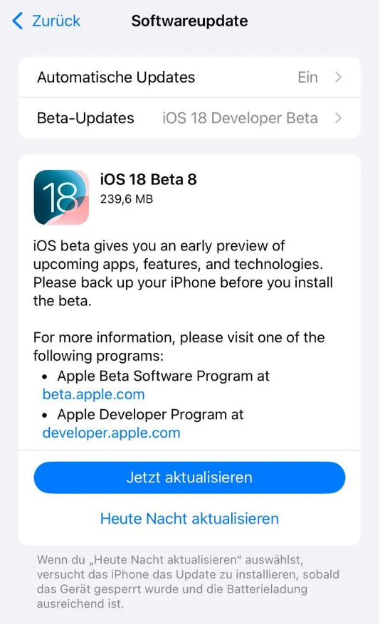 都江堰苹果手机维修分享苹果 iOS / iPadOS 18 开发者预览版 Beta 8 发布 